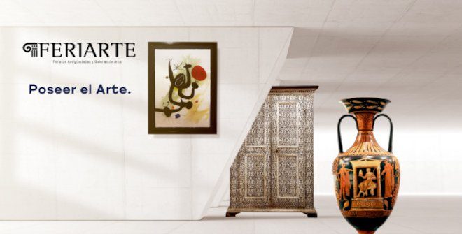 Cartel de la feria FERIRTE 2024 donde se puede ver un mueble un jarrón y una litografía